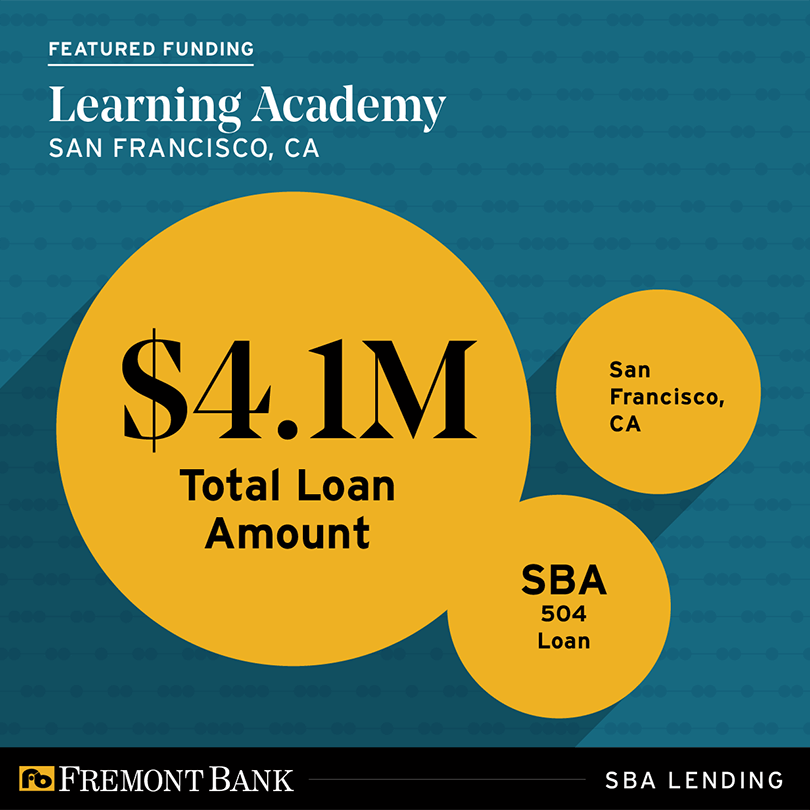Fremont Bank SBA lending featured funding. Learning Academy, San Francisco, CA. Total loan amount: $4.1 Million. SBA 504 loan.
